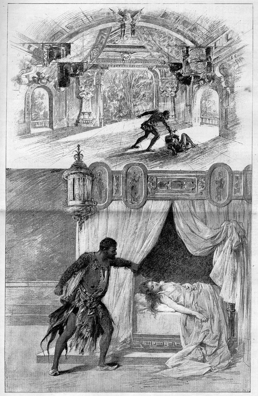 Kuuluisa teatteri: Otello (Othello), ooppera Giuseppe Verdi (1813-1901), italialainen säveltäjä, edustettuna Scala-teatterissa Milanossa 12. helmikuuta. Kaiverrus "" Le monde illustrious"" tekijältä Unknown artist