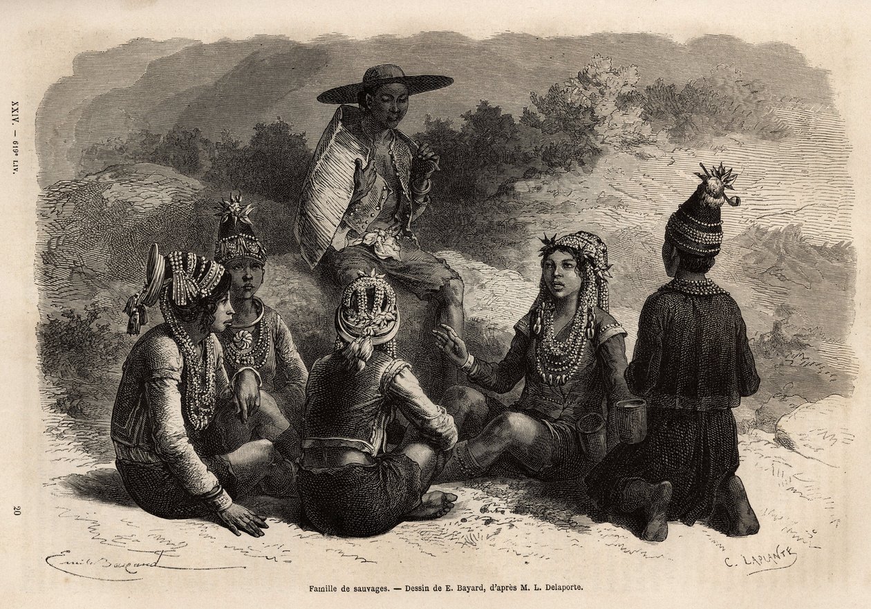 Xieng Hongin (Laos) alkuperäisväestö, joka pukeutuu perinteisiin asuihin, takkinsa päällä, koristeltu samettinen rintakehä, jossa hame tai lyhyet housut ja pieni lippalakki. Kaiverrus havainnollistamaan tutkimusmatkaa Indokiinassa, s tekijältä Unknown artist