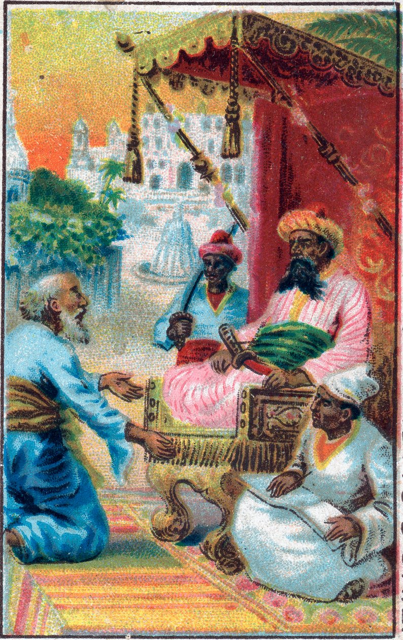 Kuningas ja intiaani. Tarina "" Tarina lumotusta hevosesta"" "Tuhat ja yksi yö" (1001 yötä tai Le mille e una notte, Arabian Nights). 1800-luvun lopun kromolitografia. tekijältä Unknown artist