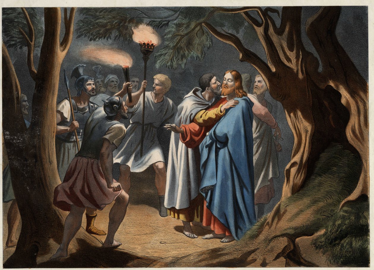 Juudaksen suudelma oliivipuutarhassa. Anonyymi kaiverrus 1800-luvun puolivälistä. tekijältä Unknown artist