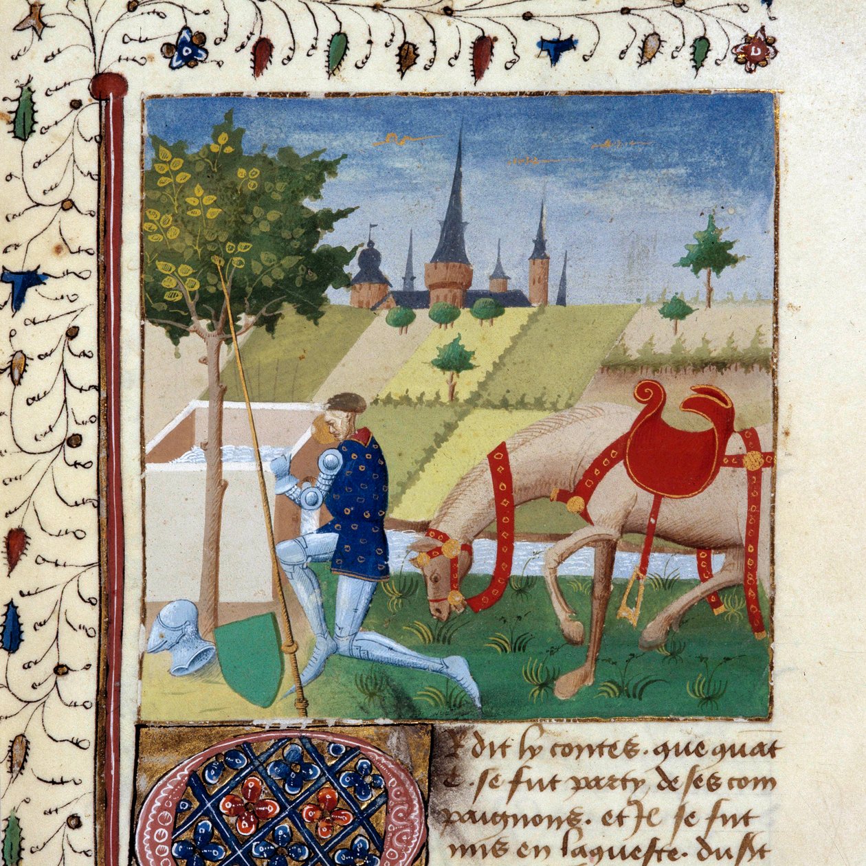 Pyöreän pöydän ritari Gauvain (tai Gawain), kuningas Arthurin veljenpoika lähellä suihkulähdettä. Miniatyyri käsikirjoituksesta "Graalin kuningattaren romaani" 1450-1460 Dijon, kaupunginkirjasto tekijältä Unknown artist