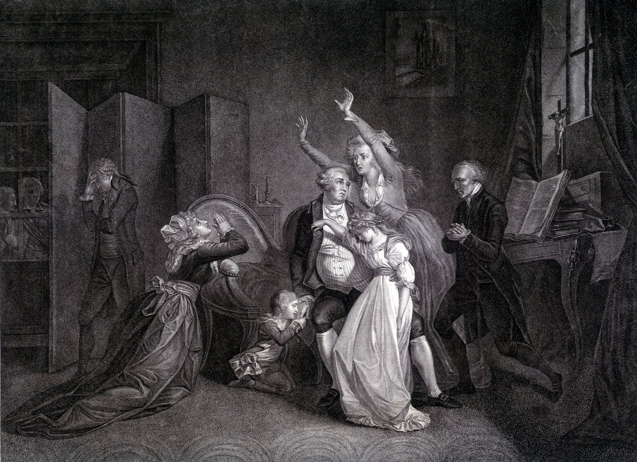 Louis XVI:n viimeinen haastattelu perheensä kanssa (Marie Antoinette ja Louis XVII). Kaiverrus 1800-luvulta. tekijältä Unknown artist