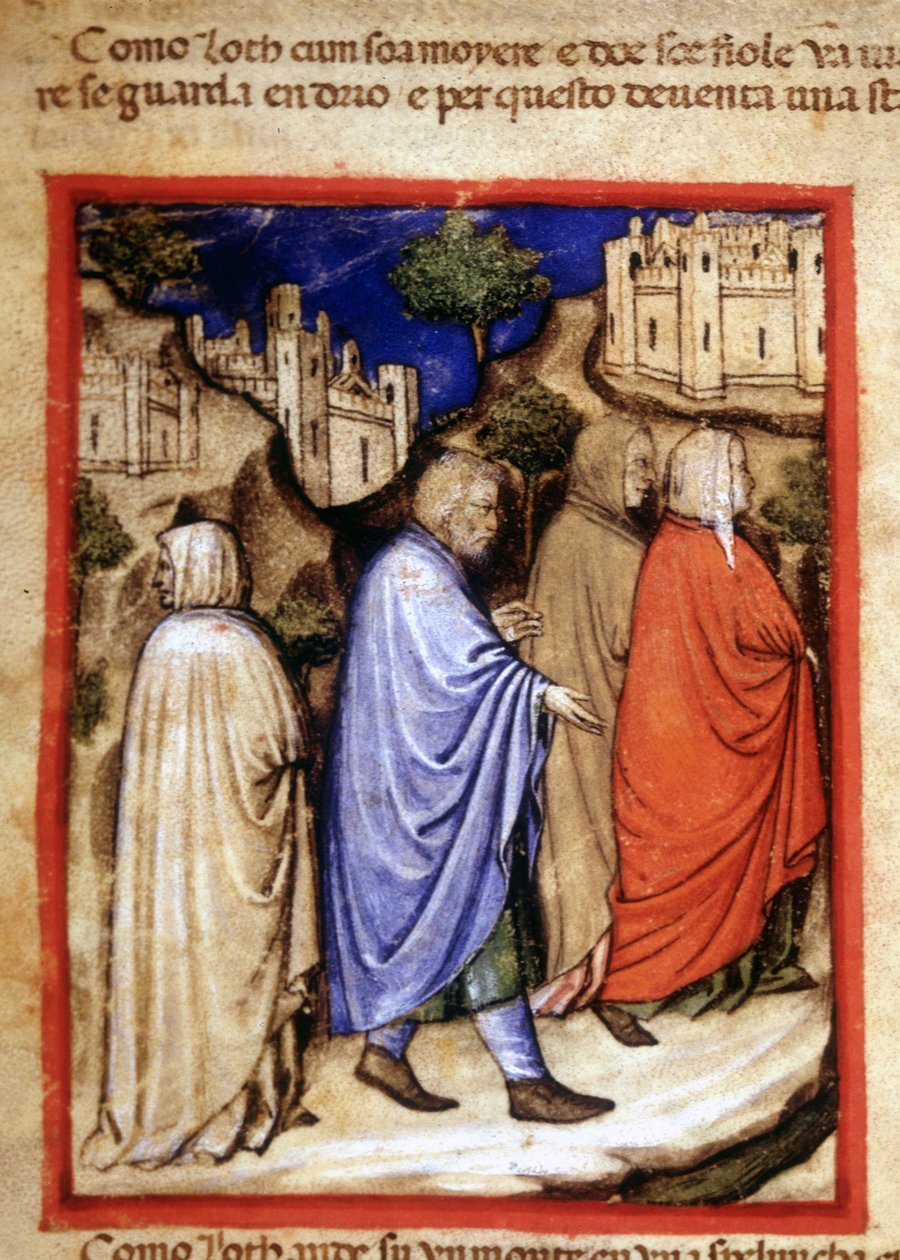 Lothin ja hänen vaimonsa vuoto muuttui suolapatsaaksi katsoessaan taaksepäin. Miniatyyri koodista 212 (tai padovano-koodista tai Padovan Raamatusta) 1390-1400 Rovigo, Accademia dei Concordi tekijältä Unknown artist