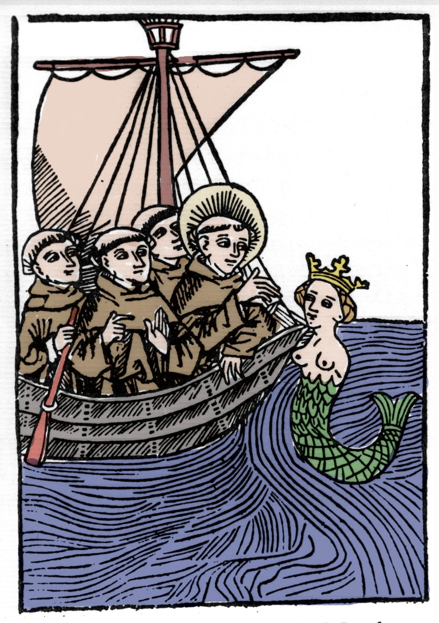 Legenda Saint Brendanista (Brandan), sankareista ja irlantilaisesta 6. vuosisadan pyhimyksestä. Saint Brendanin tapaaminen Sirenen kanssa. Kaiverrus "" Die Wunderbare Meerfahrt des Hl. Brandan." Paali tekijältä Unknown artist