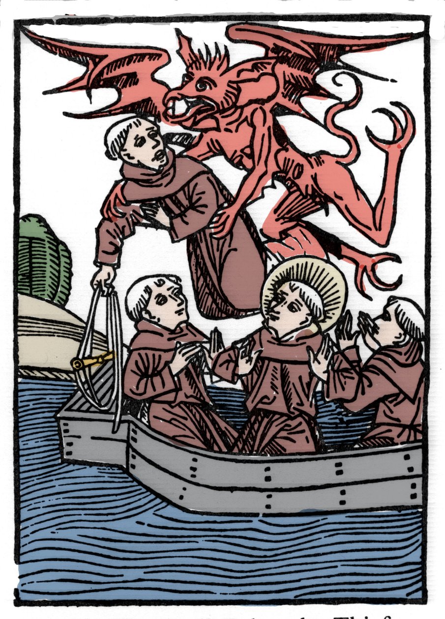 Legenda Saint Brendanista (Brandan), sankareista ja 6. vuosisadan irlantilaispyhimyksestä Paholainen vie varasmunkin. Kaiverrus "" Die Wunderbare Meerfahrt des Hl. Brandan." Paali tekijältä Unknown artist