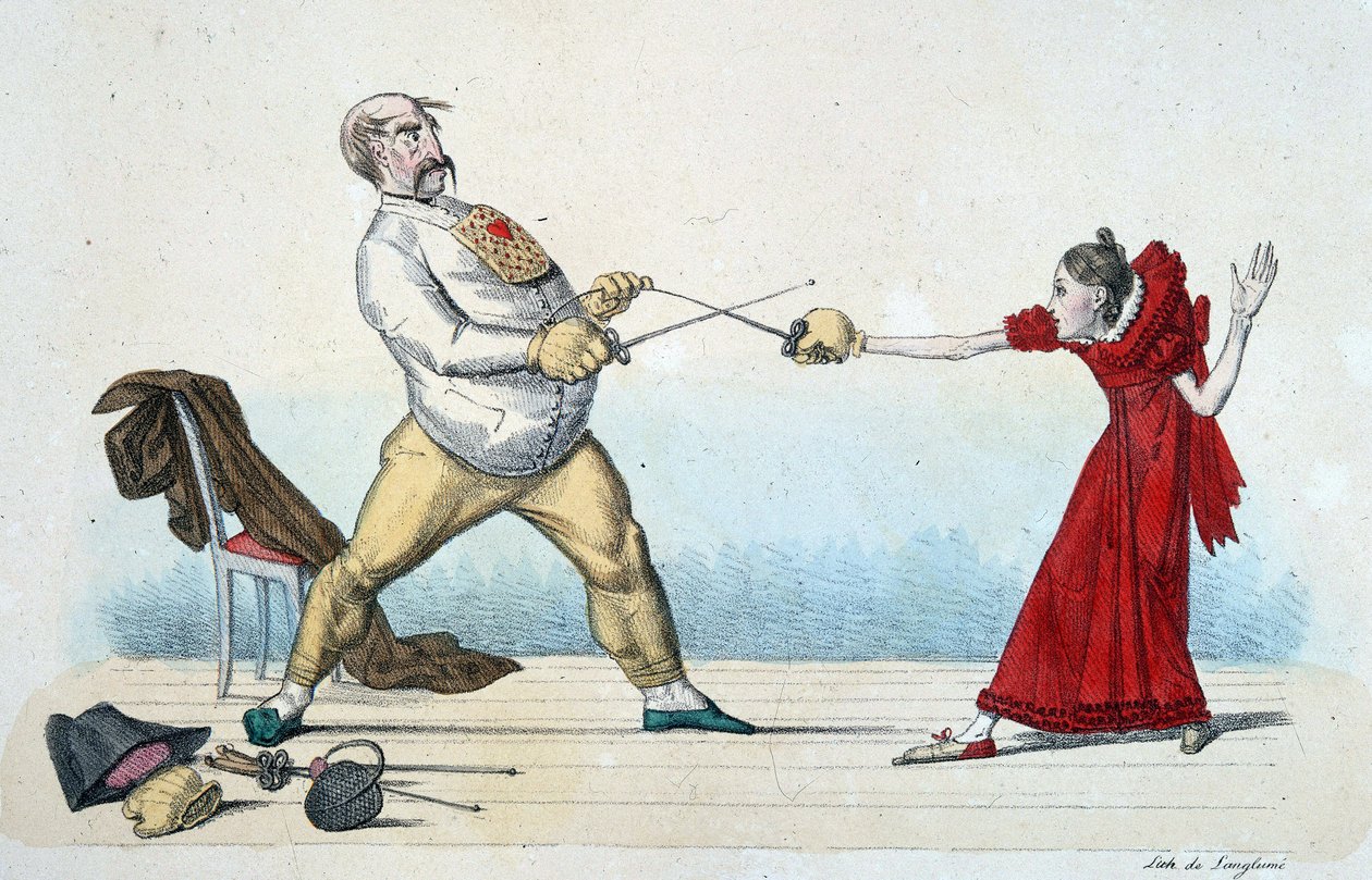 Miekkailun oppitunti: nuorten koon oikaiseminen ja onnettomuuksien ehkäisy - 1800-luku, Musee Carnavalet. tekijältä Unknown artist