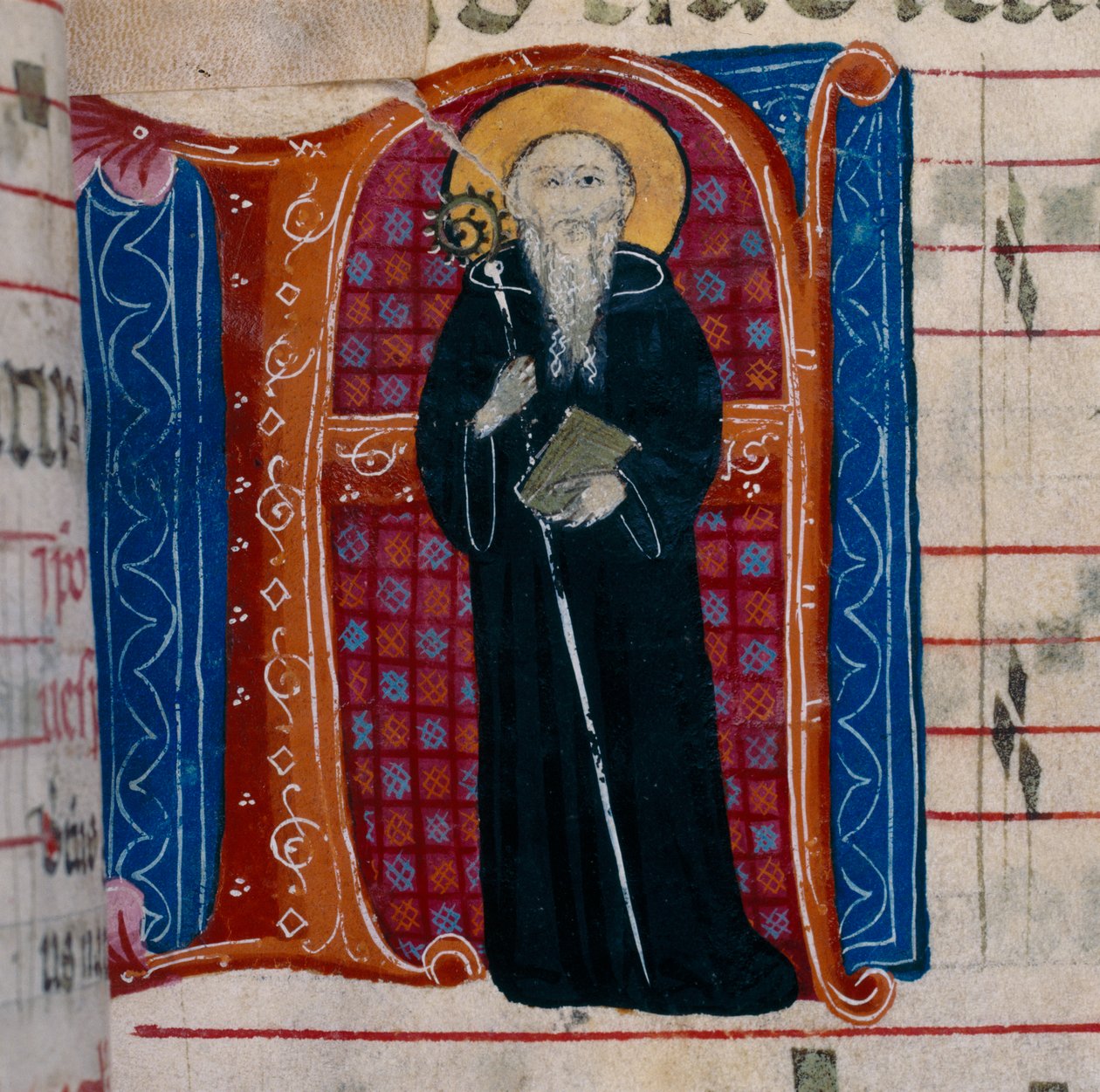 A-kirjain, jossa on kuva Pyhästä Benedictuksesta: Antifonian f.70r tekijältä Unknown