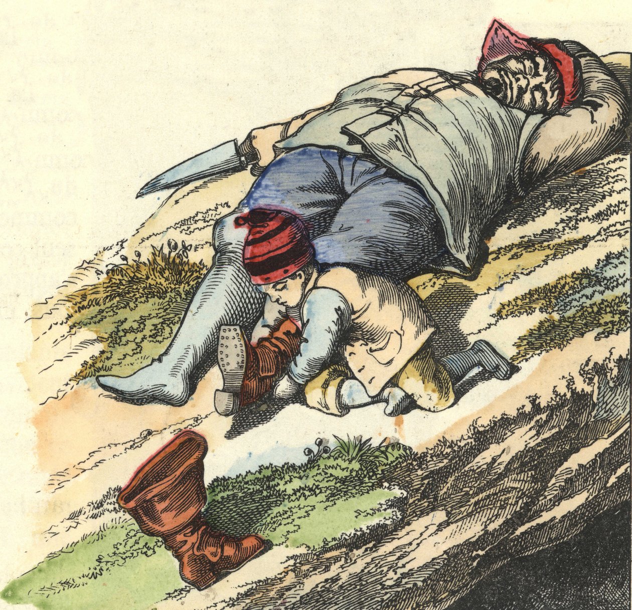 Pieni pussi varastaa saappaat 7 paikasta nukkuvalta ogrelta. Kuva Charles Perraultin tarinasta "" Le Petit Poucet". tekijältä Unknown artist