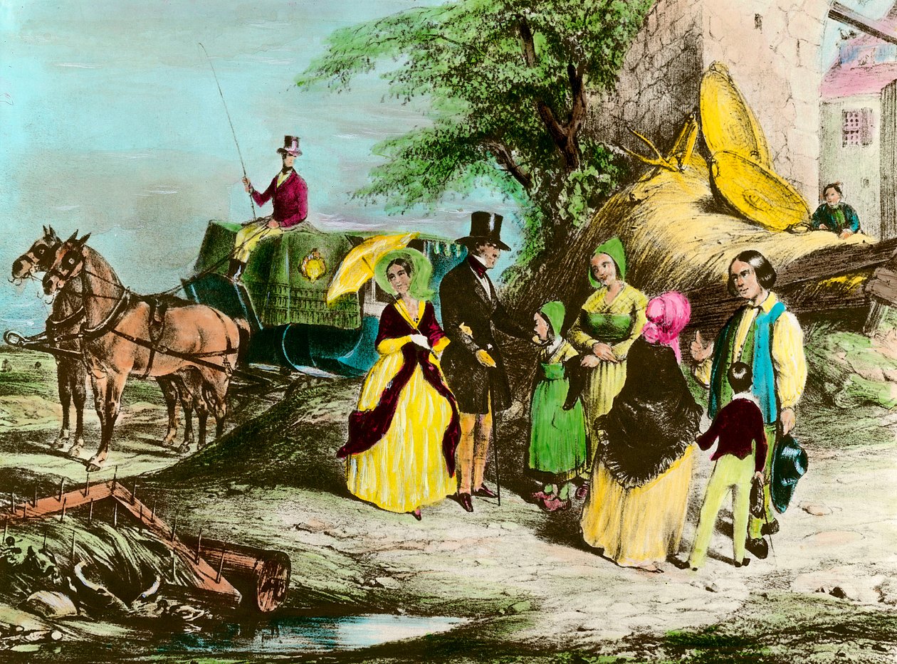 Herra ja hänen maanviljelijänsä Tilaisäntä vierailee talonpoikien luona. Kaiverrus 1800-luvun yksityiskokoelmasta tekijältä Unknown artist