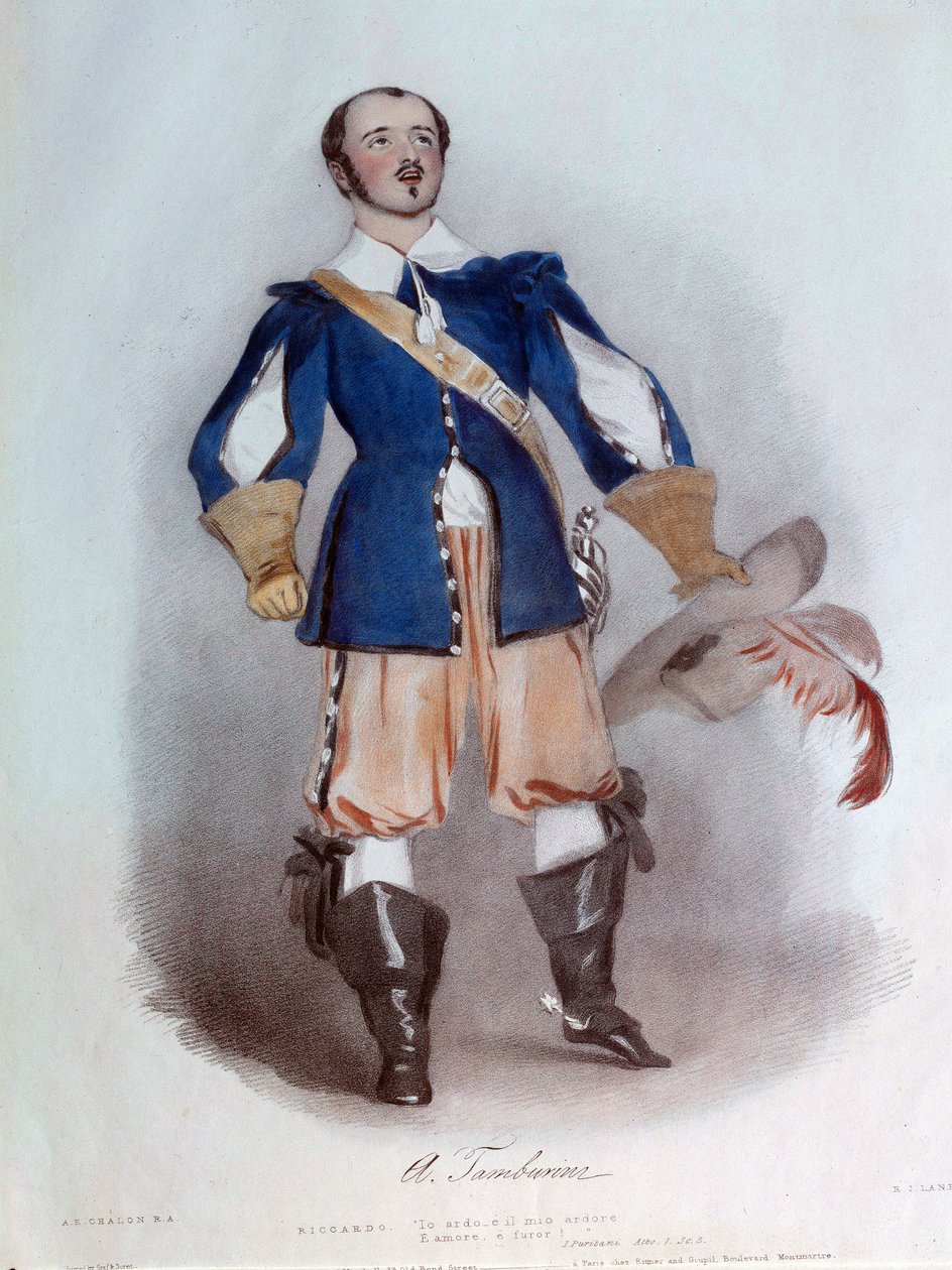 Lyyrinen laulaja Antonio Tamburini (1800-1876) Riccardon roolissa Vincenzo Bellinin (1801-1835) oopperaan "I puritani", akvarelli vuodelta 1836. Pariisi, Oopperamuseon kirjasto tekijältä Unknown artist