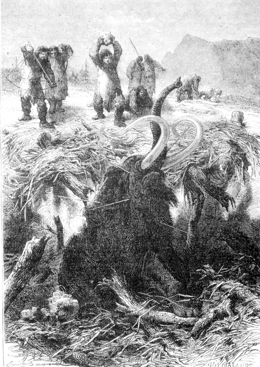 Mammutin metsästys. Kaiverrus 1800-luvun lopulta. tekijältä Unknown artist