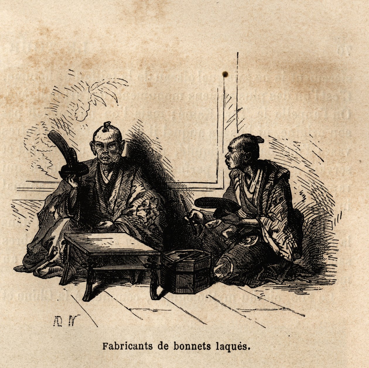 Lakattujen kuppien valmistaja. Kaiverrus havainnollistamaan matkaa Japaniin vuosina 1863-1864, Sveitsin valaliiton ministeri Aime Humbert, "Le tour du monde, nouveau journal des voyages", julkaistu Edouard Chartonin johdolla. tekijältä Unknown artist