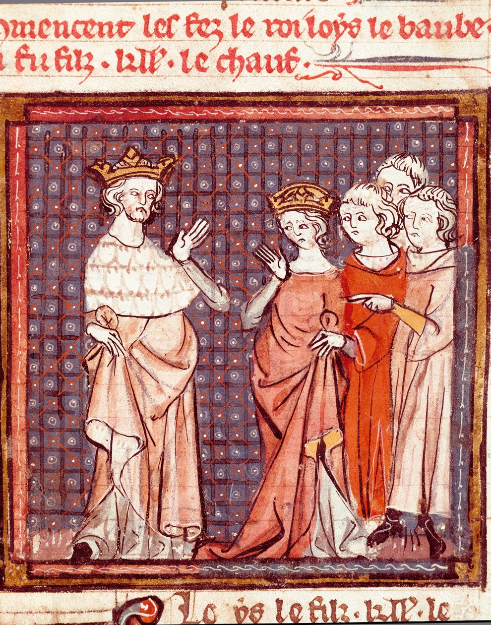 Ludvig II Beguen (846-879) frangien kuninkaan ja Friulin Adelaiden avioliitto vuonna 875 Miniatyyri "" Grandes Chronicles de Francesta"" 1375-1379 kaupunginkirjasto, Castres tekijältä Unknown artist