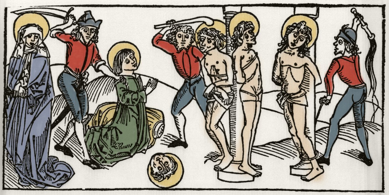 Pyhän Feliciten ja hänen seitsemän Rooman poikansa marttyyrikuolema Kaiverrus "Leben der Heiligen - sommerteil" (Pyhän kirjasta) Jacobus (James) Voraginesta (1228-1298). Lyypekki 1488. tekijältä Unknown artist