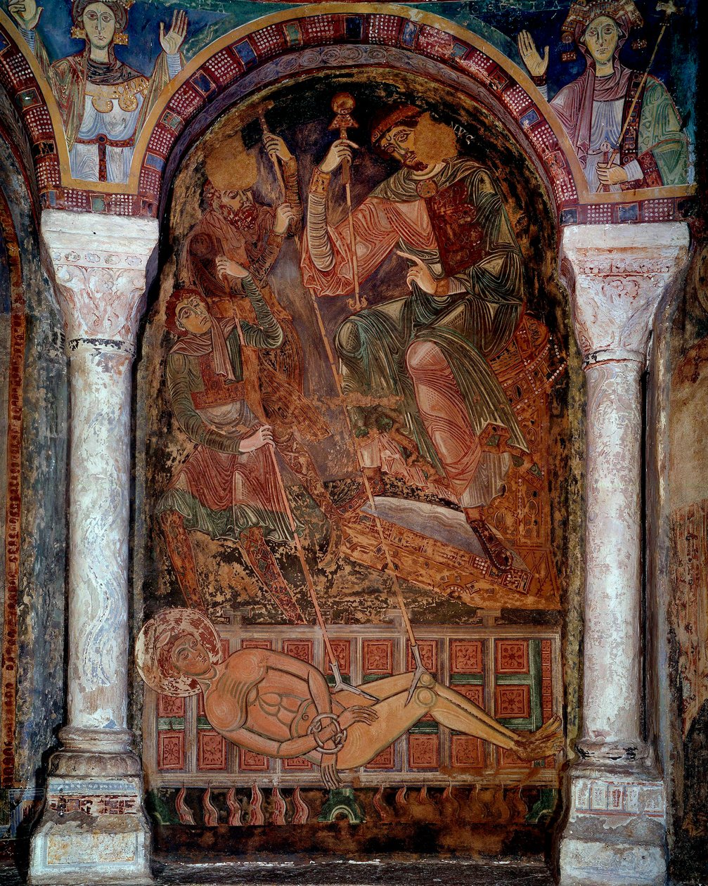 Saint Laurentin marttyyrikuolema (210/220-258) kuoli grilliin, Berzen kaupungin freskoon. 11. vuosisadalla. Moinesin kappeli, Berze la Ville tekijältä Unknown artist