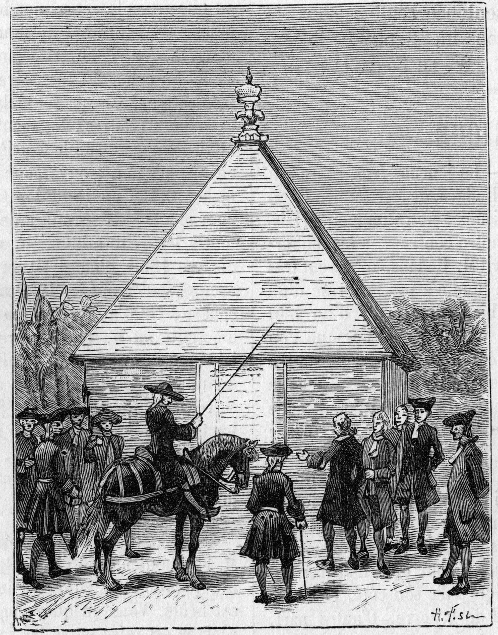 Ecuadorin asteen mitta 1700-luvulla: Carabouroun pyramidi Perussa, jonka La Condamine nosti vuonna 1736. Kaiverrus "" La Nature: revue des sciences et de leurs applications aux arts et a l