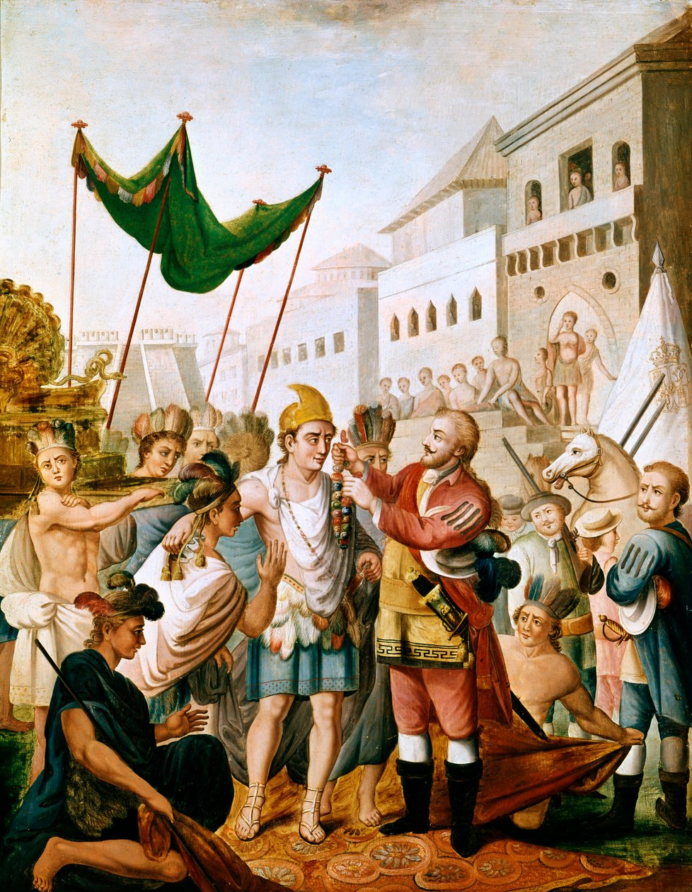 Hernan Cortesin tai Fernand Cortezin ja Montezuman tapaaminen marraskuussa 1519. tekijältä Unknown artist