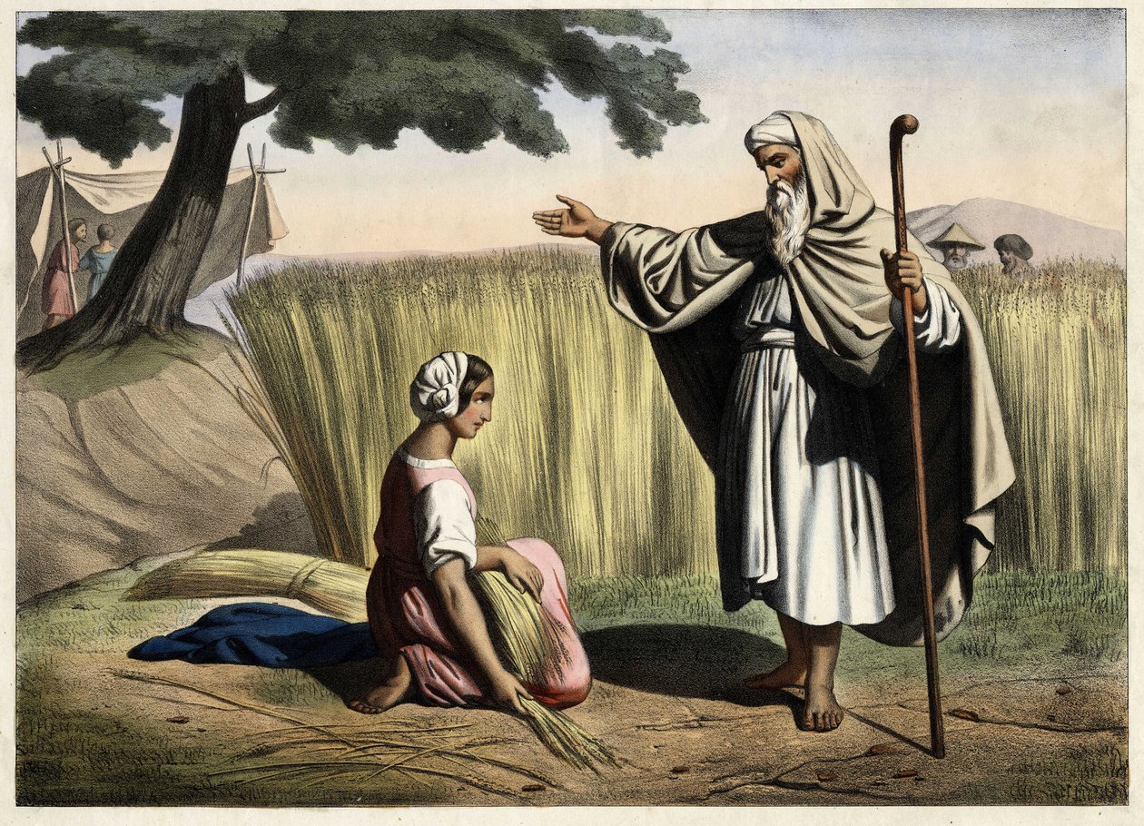 Ruutin ja Boaksen (Booz), Israelin kuninkaan Daavidin (1000-972 eKr.) isovanhempien tapaaminen. Anonyymi kaiverrus 1800-luvun puolivälistä. tekijältä Unknown artist