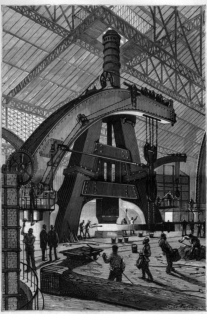 Metalliteollisuus: Forge. Creusot-höyryvasara (rumpuvasara) asennettuna Schneiderin ja Compagnien tehtaille. Kaiverrus "" La Nature"" tekijältä Unknown artist