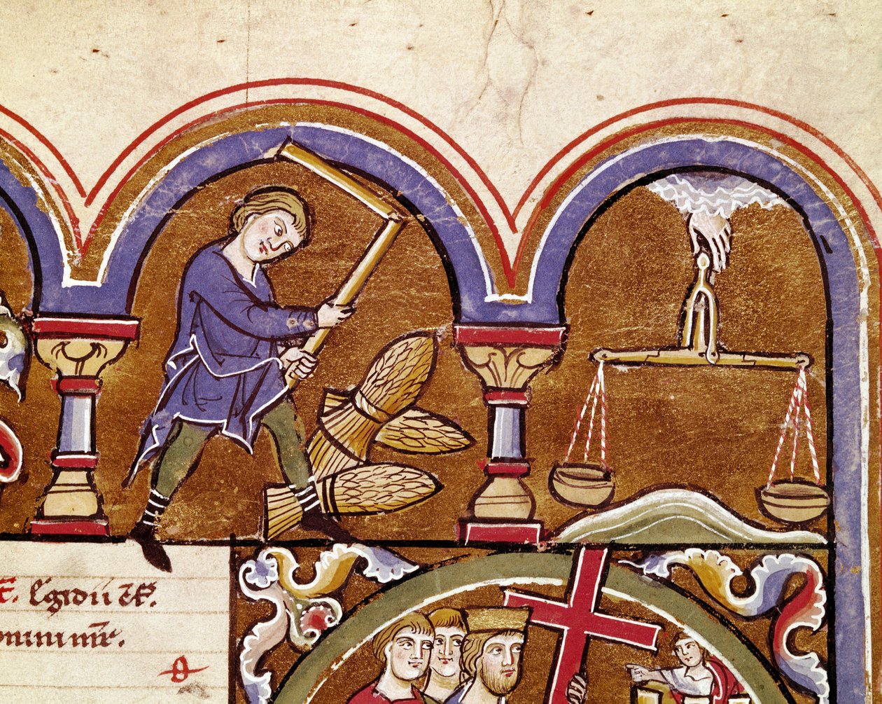 Syyskuu, maataloustyöt, sadonkorjuu, vehnän puinti kukkien kanssa Yksityiskohta käsikirjoitussivusta, joka on piirretty "" Pyhän Elisabetin psalteri" 1200-luvun Cividale, Museo Archeologico tekijältä Unknown artist