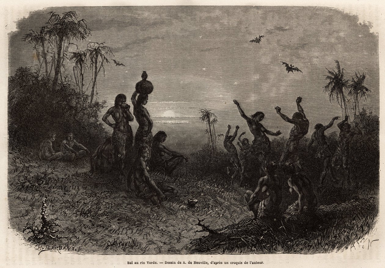 Moonlight ball, joka päättää 18-vuotisjuhlajuhlan ja nuoren intialaisen miehen häät Rio Verdestä (Brasilia). Kaiverrus havainnollistamaan matkaa New Granadaan, tohtori Saffray, vuonna 1869, julkaistu "" Le tour du monde""" 1873, toimittanut tekijältä Unknown artist
