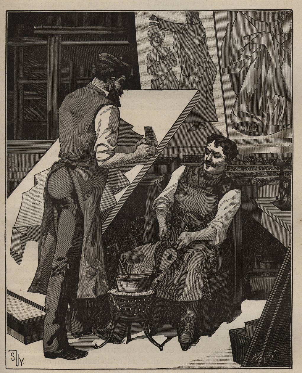 Mosaiikki: mosaiikkipaja. Kaiverrus vuodelta 1885 kirjassa "Les arts et metiers illustres", kirjoittanut Adolphe BITARD. tekijältä Unknown artist