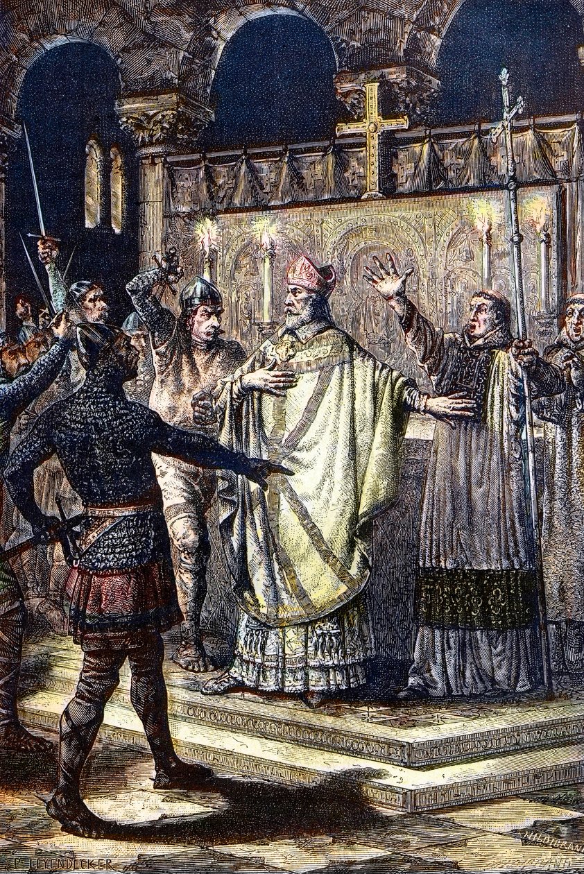Pyhän Thomas Becketin murha Canterburyn katedraalissa 29. joulukuuta 1170, kun ritarit kuningas Henrik II:n hovista (puukaiverrus) tekijältä Unknown artist