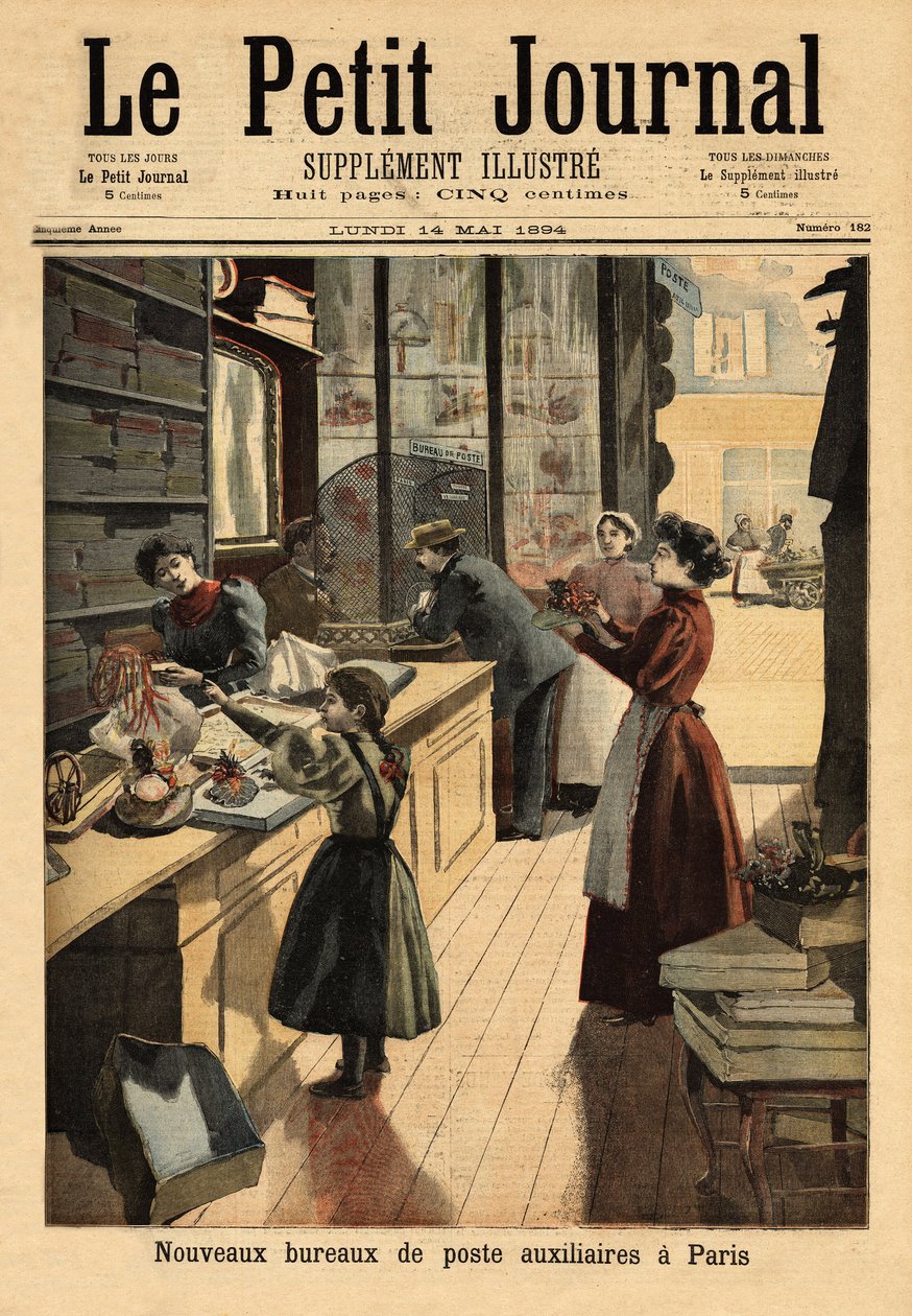 Pariisin uudet ylimääräiset postitoimistot, jotkut neuvottelijat avaavat postipalvelupisteen kaupallisen toimintansa rinnalla. Kaiverrus "" Le petit Journal" -lehdessä 14.5.1894. Selvan kokoelma. tekijältä Unknown artist
