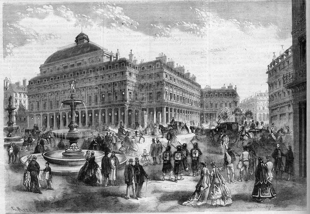 Ranskalaisen teatterin (Comedie Francaise) uusi paikka suihkulähteineen Palais Royaliin (Palais Royal) Pariisissa. Kaiverrus "" L