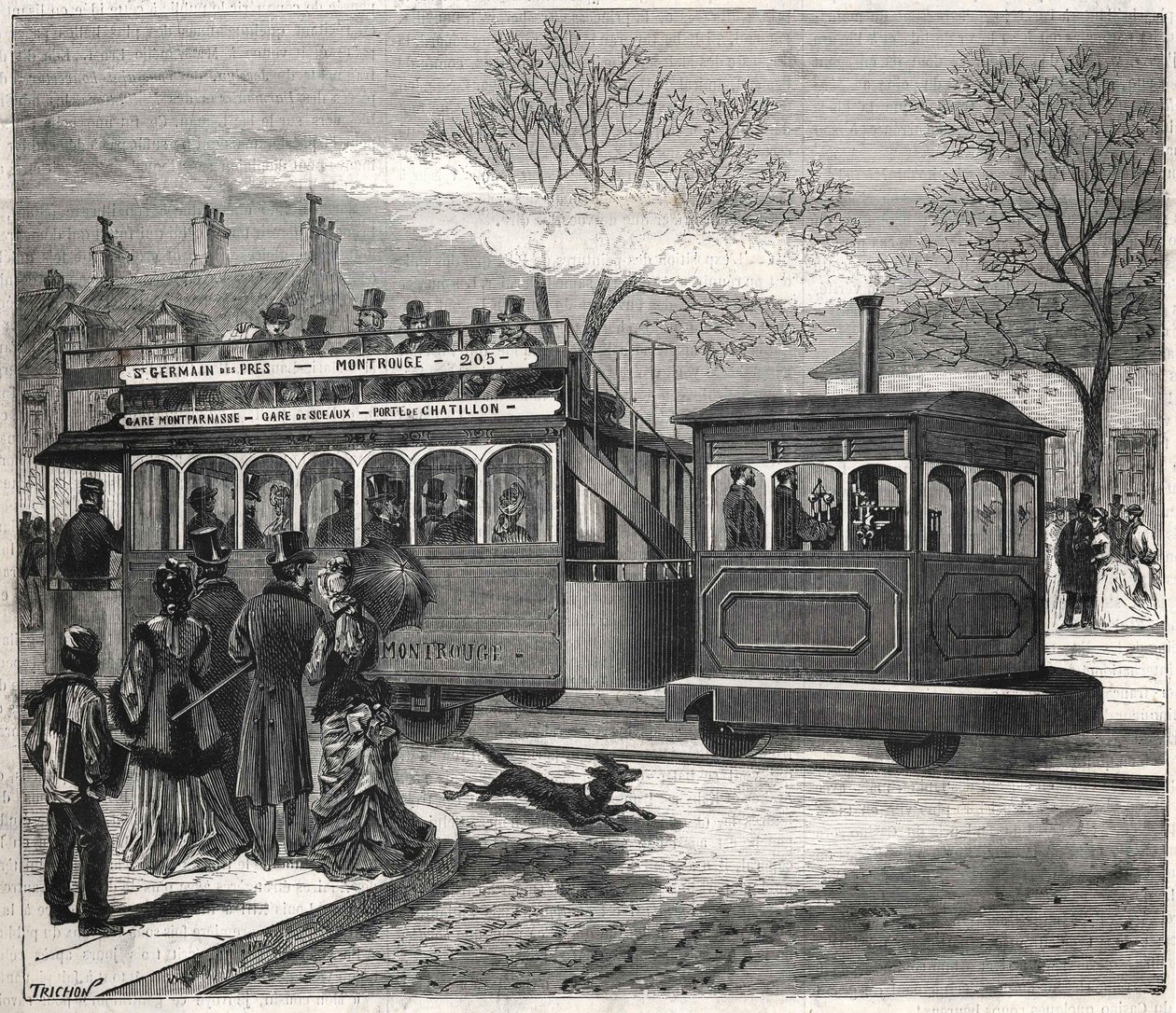 Pariisin uudet höyryraitiovaunut vuonna 1876 liikennöivät Saint - Germain - des - Prés -linjalla Chatillonin ovella, kaiverrus Bianchetti-kokoelma. tekijältä Unknown artist