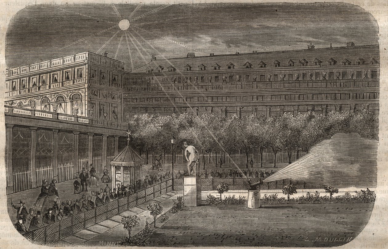 Keskipäivätykki (aurinkotykki) Palais Royalissa (Palais-Royal) Pariisissa. Kaiverrus vuodelta 1857 "" Le Musee Des Sciences "" tekijältä Unknown artist