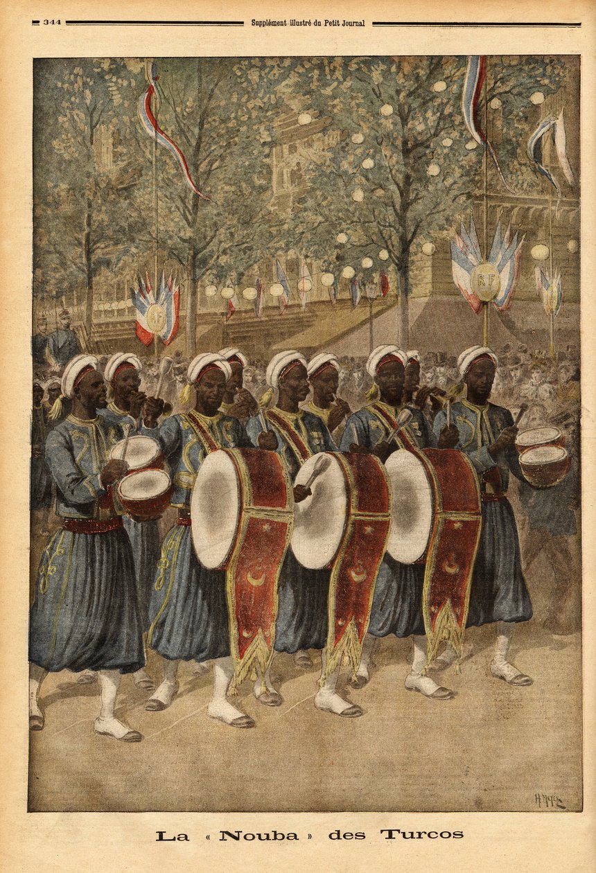 Algerian Turcos-nuba kävelemässä Pariisin kaduilla. Kaiverrus "" Le petit Journal" -lehdessä 25/10/1896. Selvan kokoelma. tekijältä Unknown artist