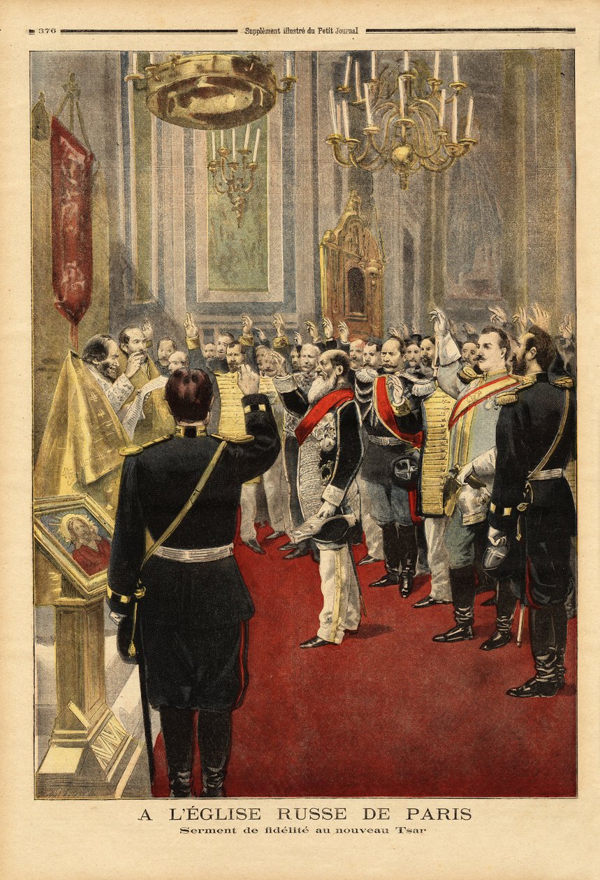 Uskollisuusvala uudelle tsaarille Nikolai II:lle (1868-1918) Saint Alexandre Nevskyn katedraalissa, rue Daru, Pariisi. Kaiverrus "" Le petit Journal" -lehdessä 18.11.1894. Selvan kokoelma. tekijältä Unknown artist
