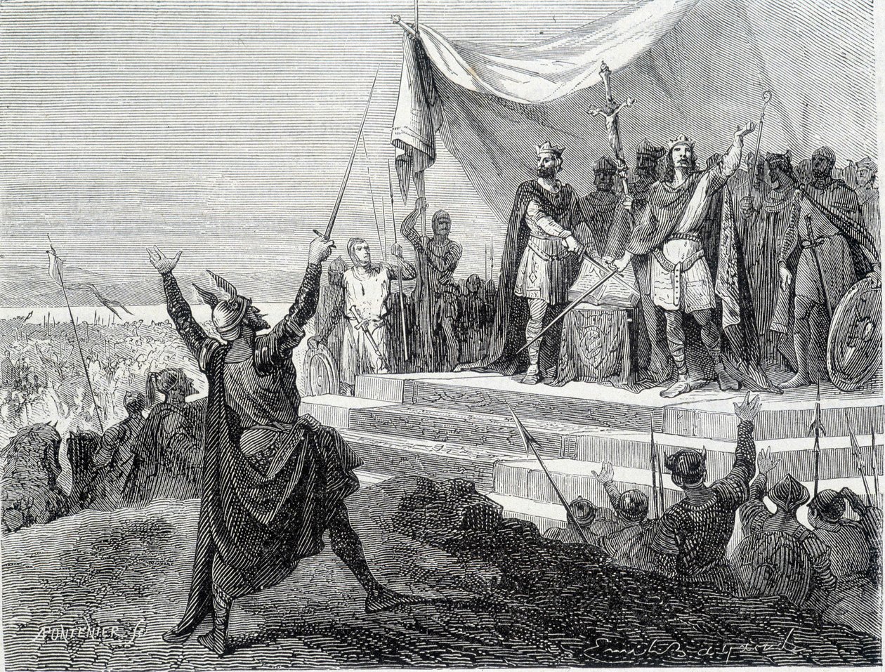 Kahden veljen vala ennen haarniskaa: Kaarle II Kalju ja Ludvig II Germaaninen vannovat Valan Lothaire I:tä vastaan (Strasbourgin valat 842). Kaiverrus 1800-luvulta. tekijältä Unknown artist