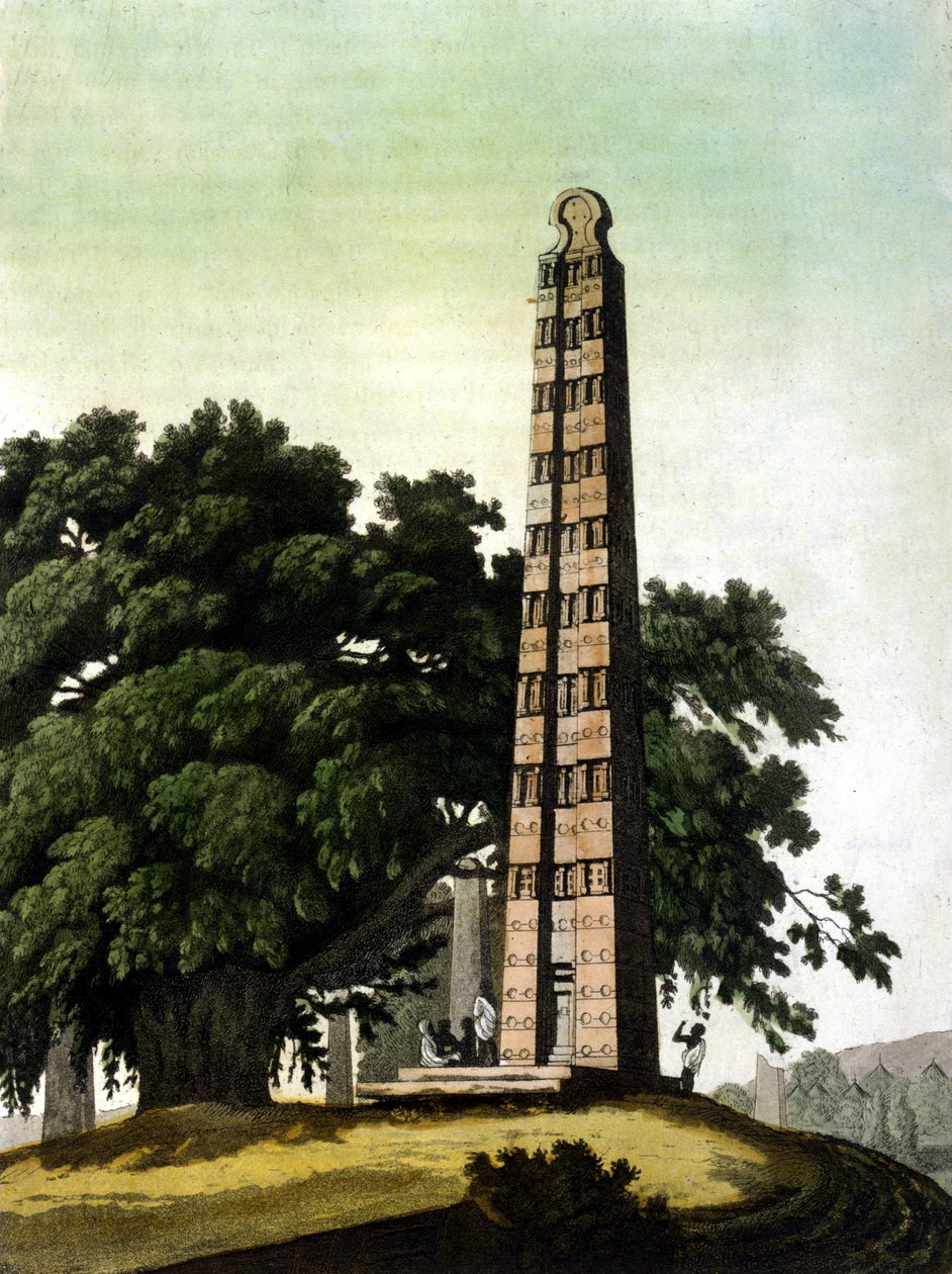 Axumin (Aksoumin) obeliski, jonka italialaiset toivat Roomaan vuonna 1937. Il Costume antico e moderno, Jules Ferrario, Milano 1820. tekijältä Unknown artist