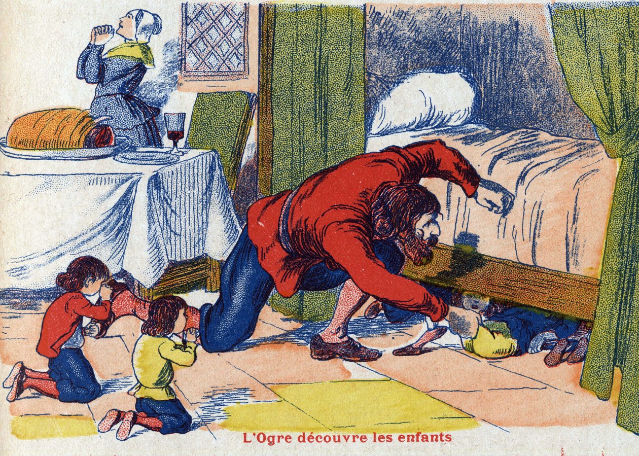 Ogre löytää lapset. Kuvitus "" Le Pepetit poucet" -kirjaan, ranskalaisen kirjailijan Charles Perrault