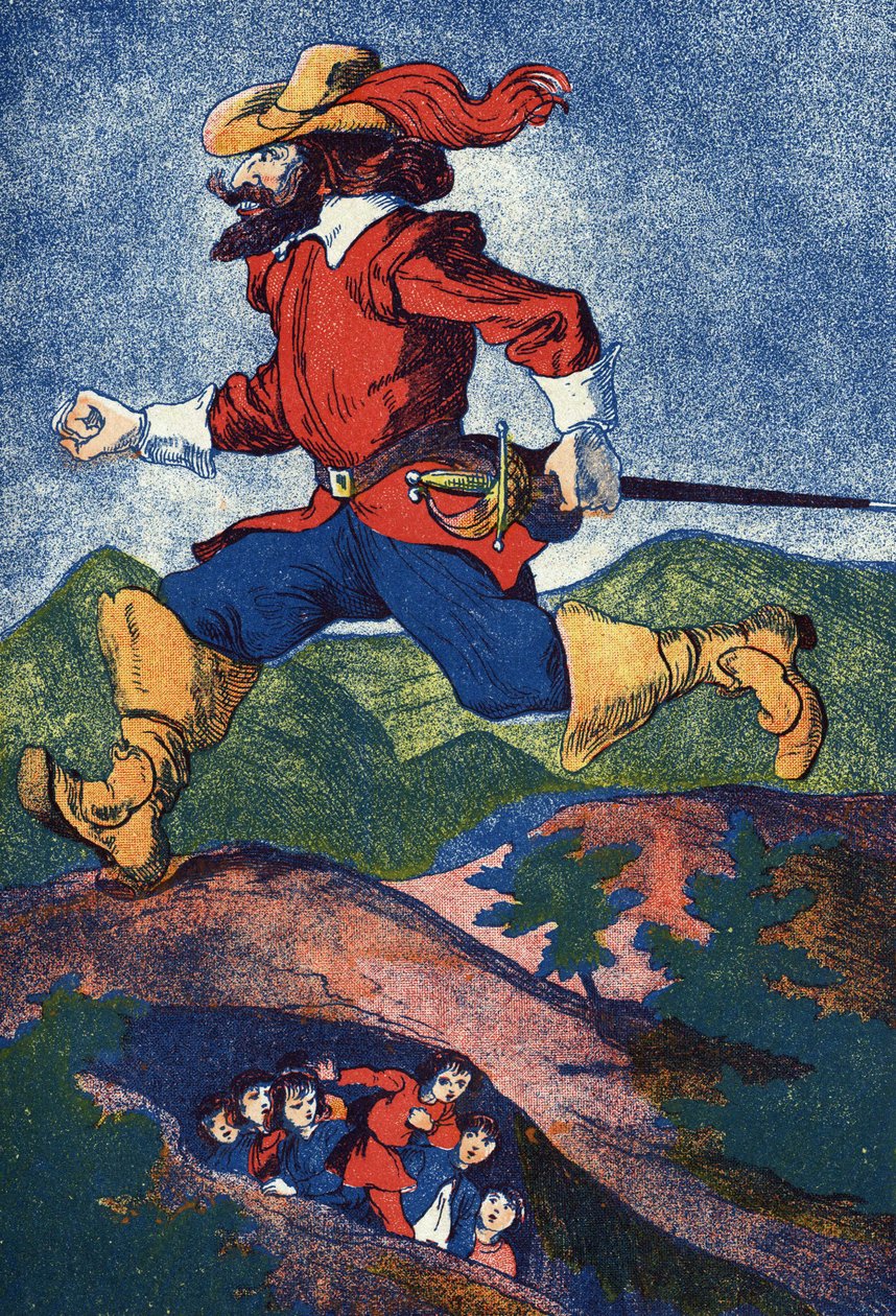 Ogre etsii lapsia. Kuvitus "" Le Pepetit poucet" -kirjaan, ranskalaisen kirjailijan Charles Perrault