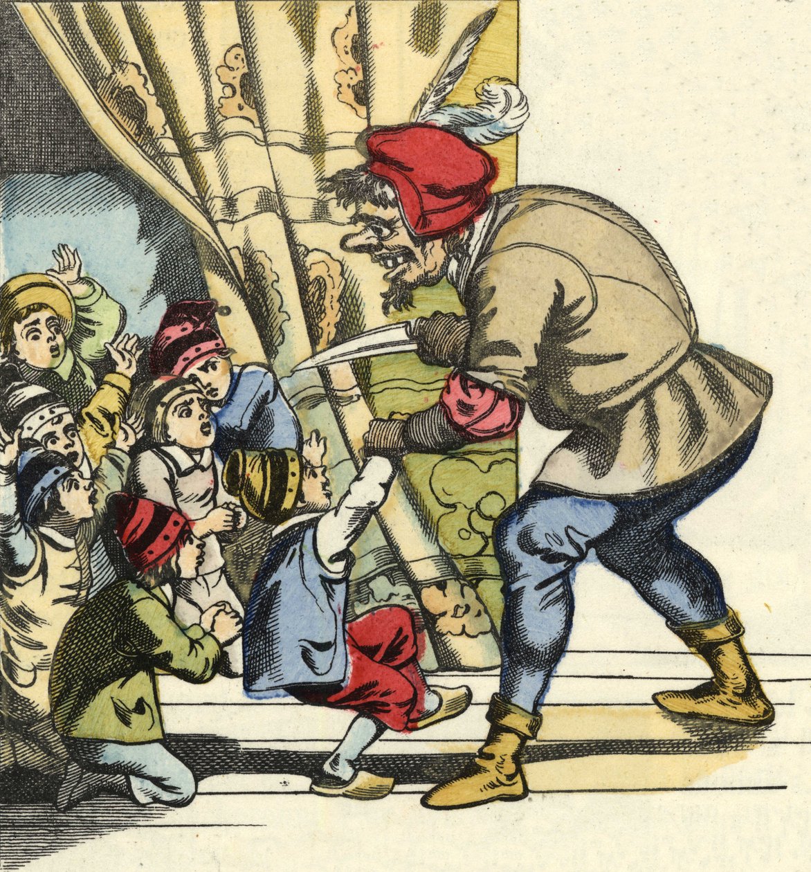 Ogre ottaa lapsen aikeensa niellä hänet. Kuvitus Charles Perraultin tarinasta "" Le Pepetit Poucet". tekijältä Unknown artist