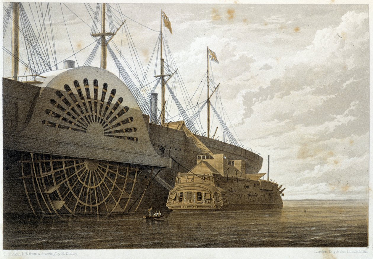 Vanha fregatti kaapelirahtineen "" GreatEasternin"" rinnalla Sheernessissä - W. H. Russelin "" The Atlantic lennätin" -julkaisussa, n. 1860 tekijältä Unknown artist