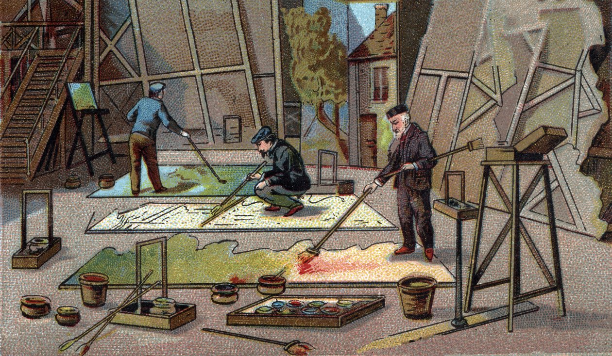 Taidemaalari teatterin sisustaja. 1800-luvun lopun kromolitografia tekijältä Unknown artist