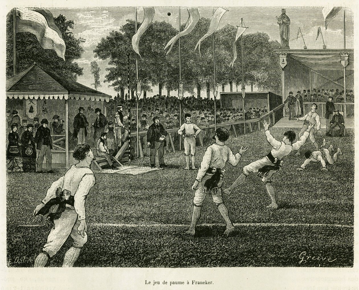 Palmupelissä on Franeker (Alankomaat). Kaiverrus havainnollistamaan tarinaa La Frise, joka perustuu hollantilaisen sanomalehden suhteeseen, in le tour du monde 1886, ohjaaja Edouard Charton (1807-1890), Hachette, Paris. tekijältä Unknown artist