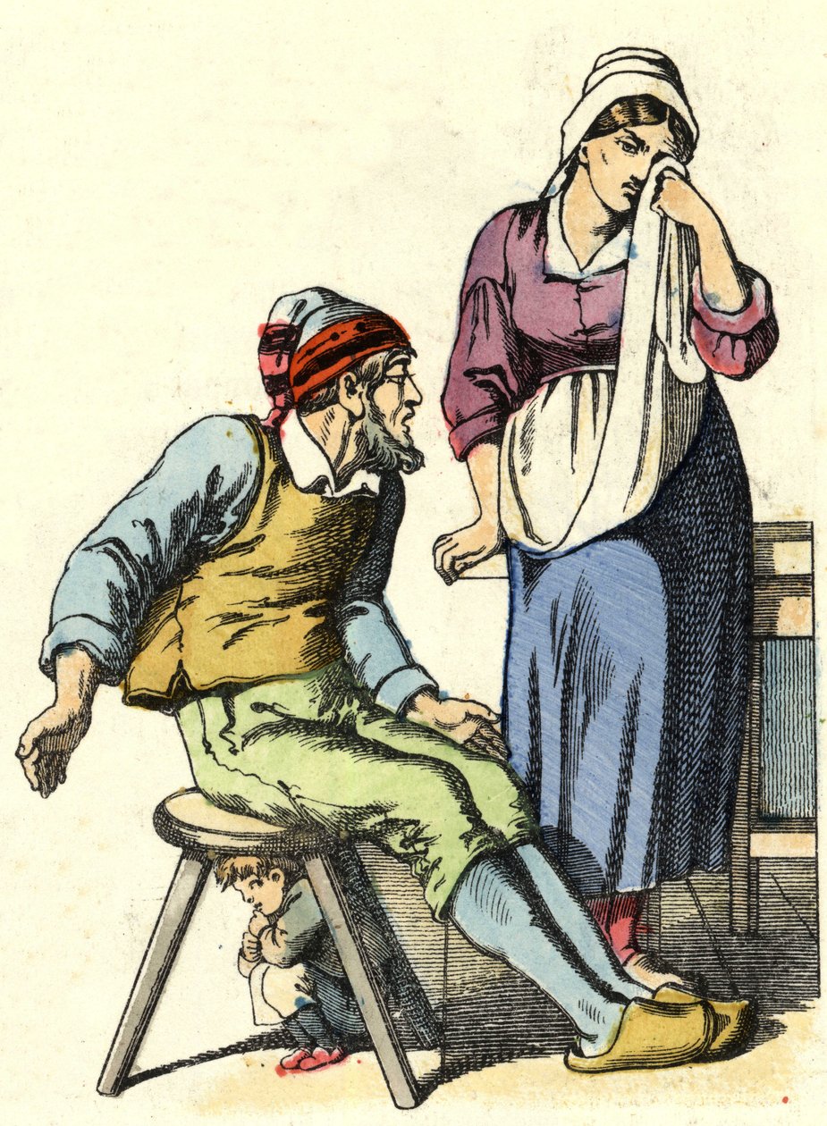 Pikku Poucetin vanhemmat päättivät hylätä lapsensa metsään. Kuvitus Charles Perraultin tarinasta "" Le Pepetit Poucet". tekijältä Unknown artist