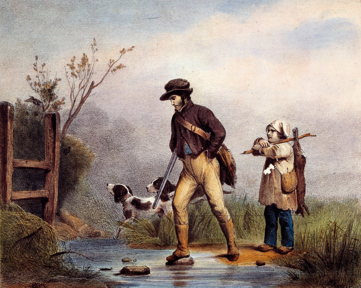 Käytävällä metsästäjät ylittävät vesistön jalan. Litografia 1800-luvulta Gien, metsästysmuseo tekijältä Unknown artist