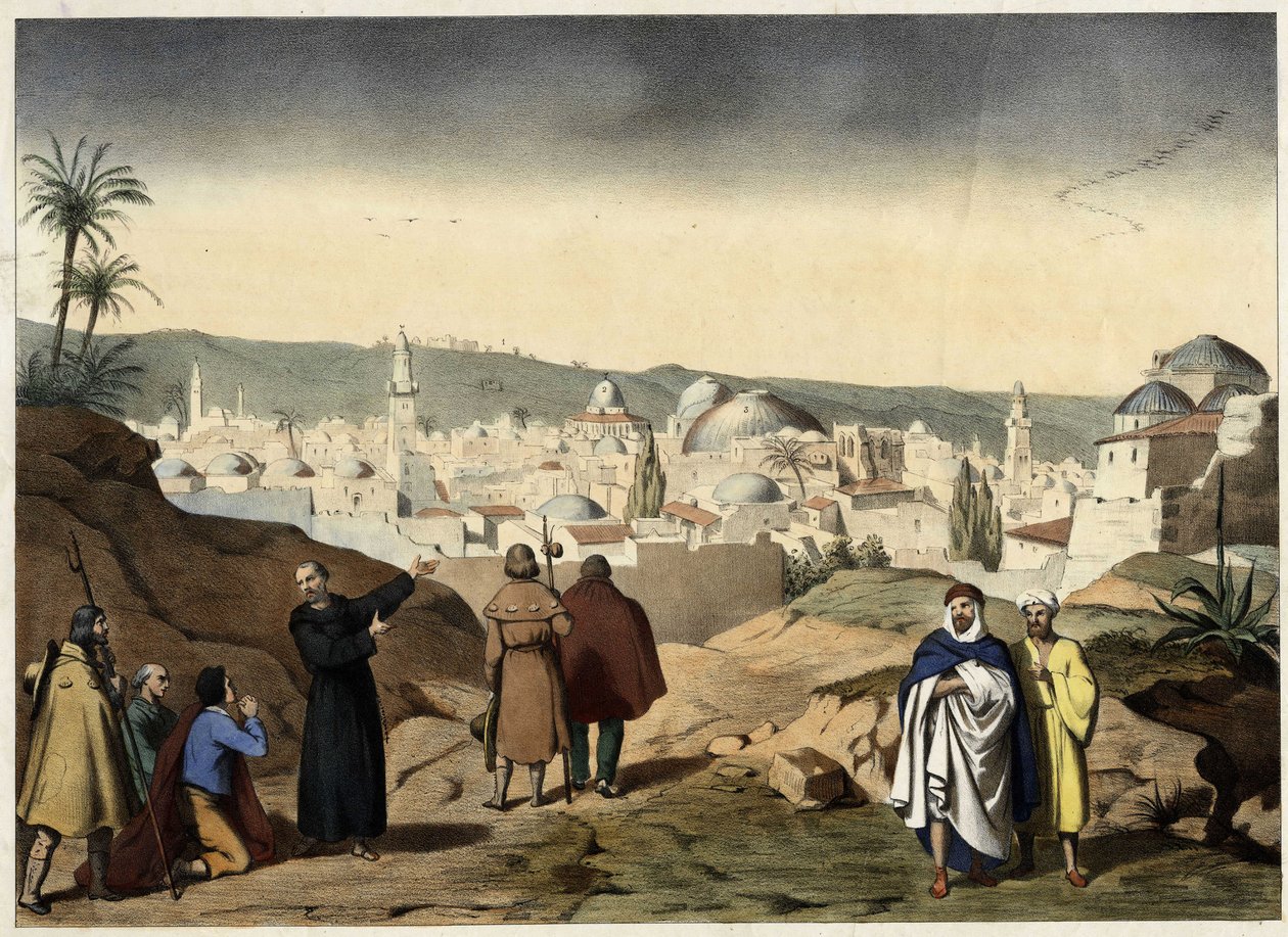 Peleriinit saapuvat Jerusalemin kaupunkiin. Nimetön kaiverrus 1800-luvun puolivälistä - "" Suuressa perheiden katekismuksessa"". tekijältä Unknown artist
