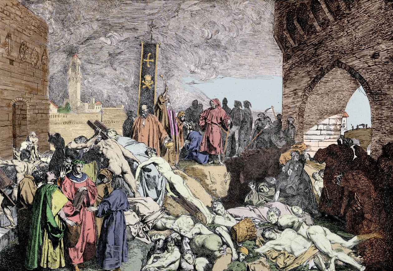 Vuoden 1348 rutto Firenzessä (Italia). Vasemmassa alakulmassa Laurierin seppeleessä Petrarka, italialainen runoilija ja renessanssin humanisti, keskustelee muiden ihmisten kanssa. tekijältä Unknown artist