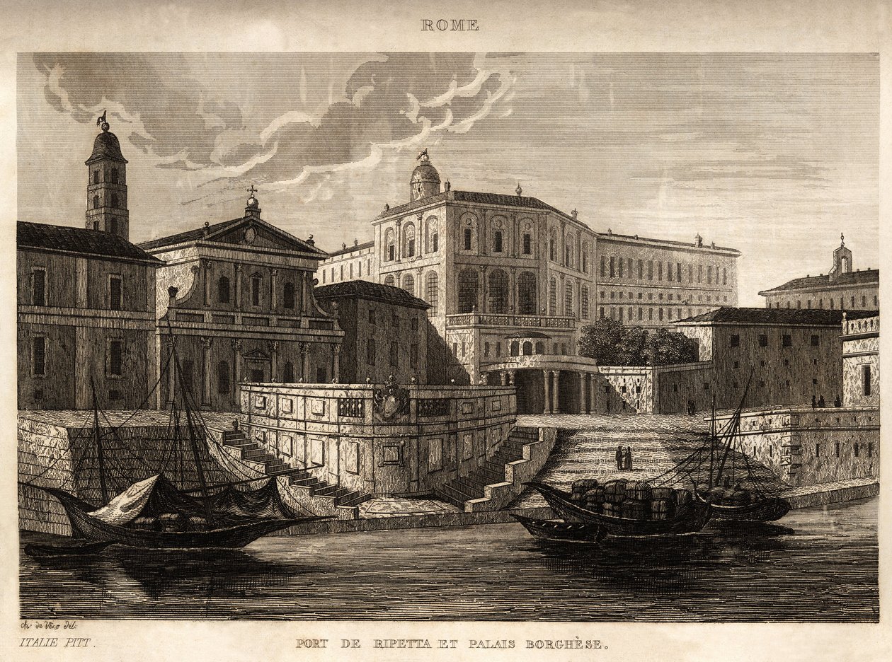 Ripettan satama ja Borghesen palatsi Roomassa, kaiverrus Ch. de Vene, teoksessa "" Picturesque Italy", Amable Coste -toimittaja, Pariisi tekijältä Unknown artist