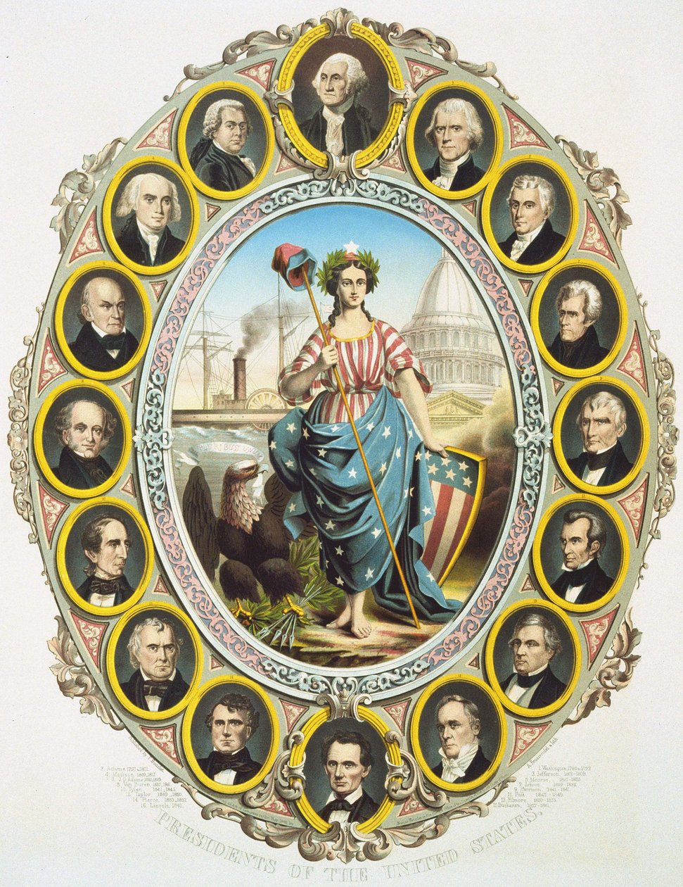 Yhdysvaltain presidentit, joiden keskellä on Amerikan symboli. Ylös, Washington ja alas Abraham Lincoln. Juliste julkaistiin Lincolnin presidenttikauden avajaisissa vuonna 1861. Kaiverrus 1861. tekijältä Unknown artist