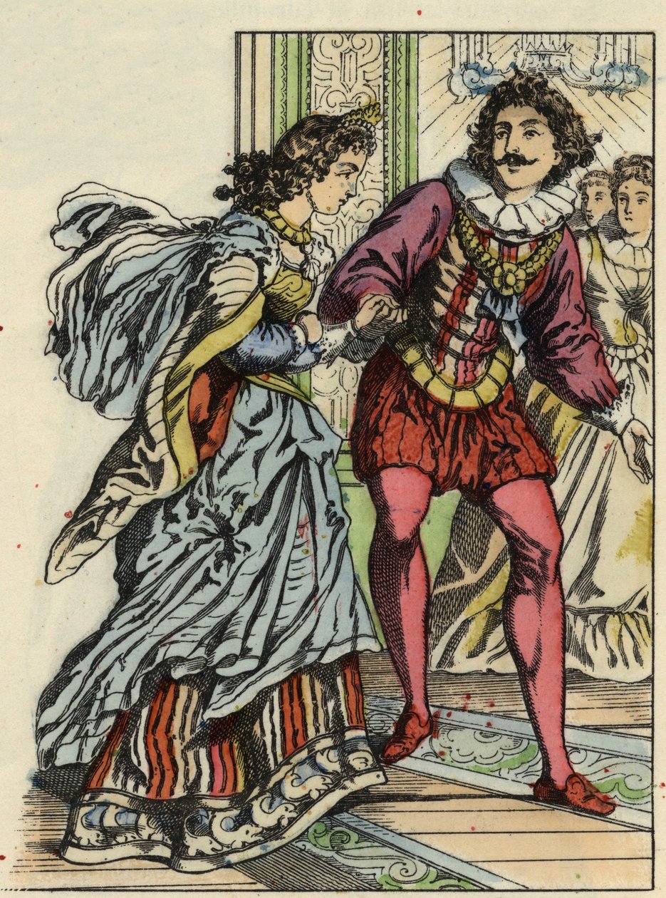 Prinssi kutsuu Cinderellan tanssimaan. Kuvitus Charles Perraultin tarinasta "Cinderella or La petite slipper de verre" tekijältä Unknown artist