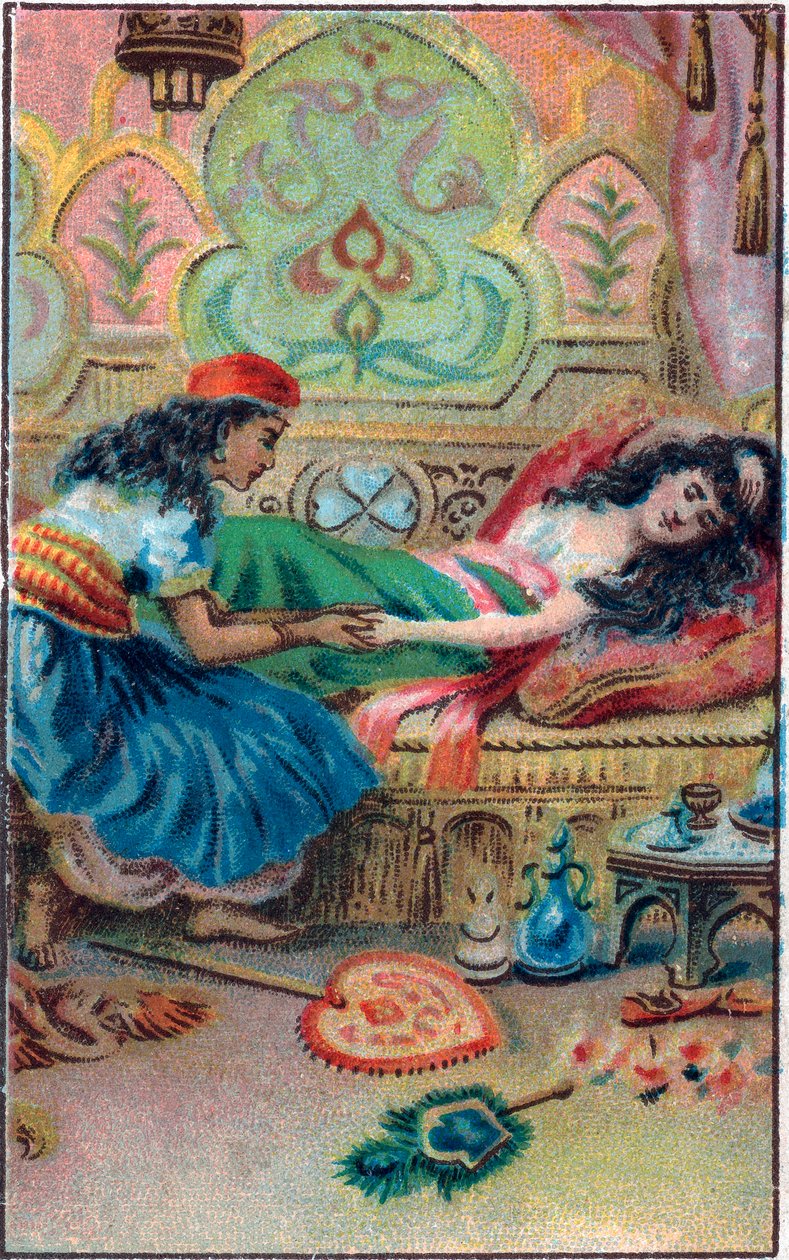 Prinsessa-faktoja. Tarina "" Tarina lumotusta hevosesta"" "Tuhat ja yksi yö" (1001 yötä tai Le mille e una notte, Arabian Nights). 1800-luvun lopun kromolitografia. tekijältä Unknown artist
