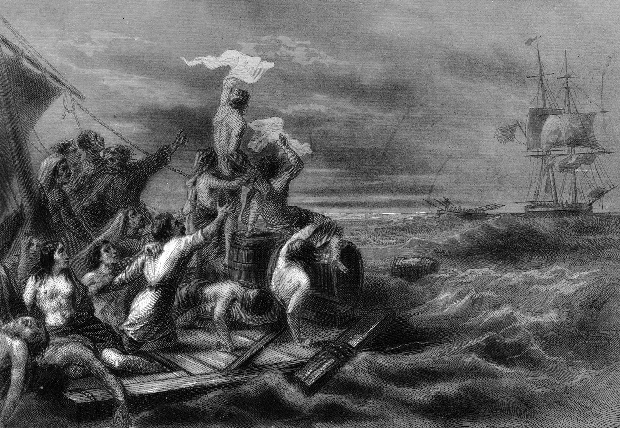 Medusan lautta näkemässä Argusin avomerellä. Van Tenacin teoksessa "Histoire générale de la marine". tekijältä Unknown artist